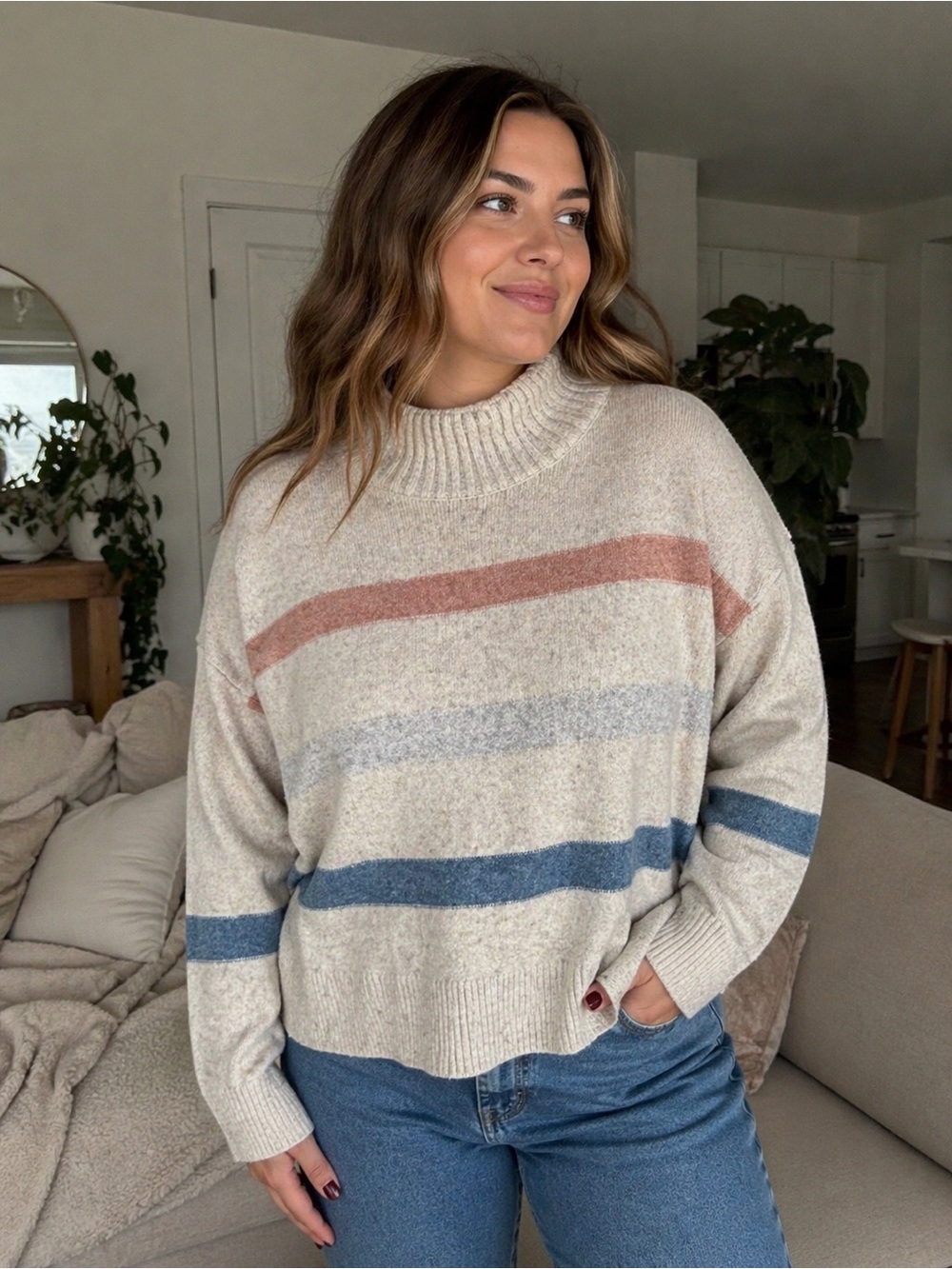 Cozy Cream Cowl-Neck Sweater with Pink and Blue Stripes